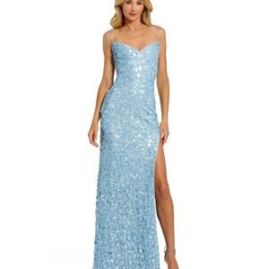 NWOT Mac Duggal Ieena Sequin Gown M Ice Blue Sweetheart Lace-Up High Slit Formal